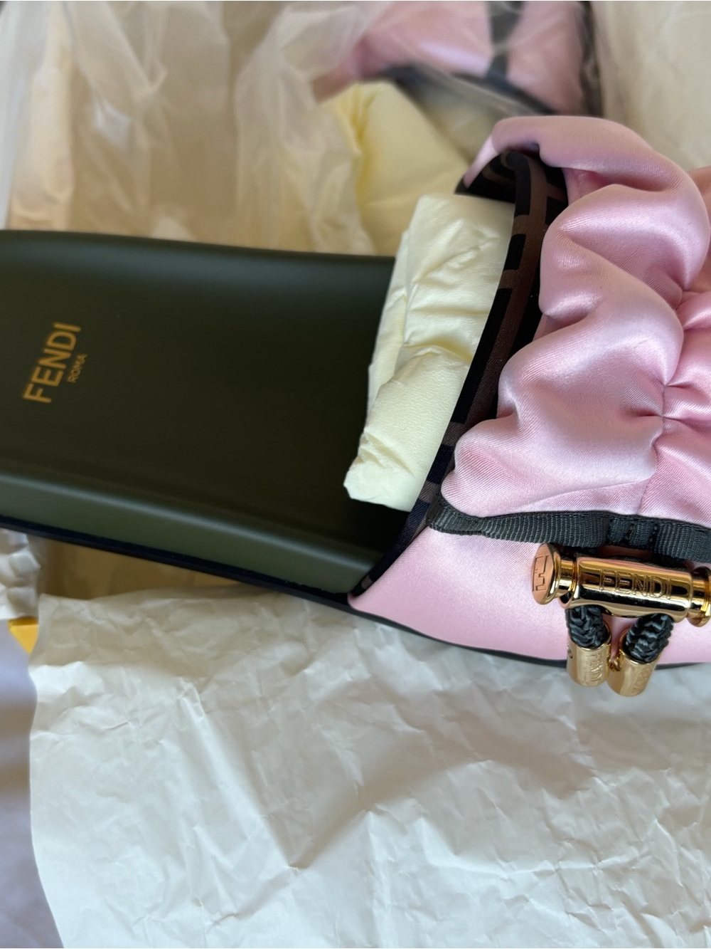 Fendi Pink Satin Drawstring Mini Bucket with Gold Hardware
